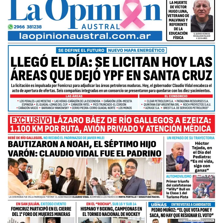 Tapa del Diario La Opinión Austral edición impresa del lunes 20 de octubre de 2025, Río Gallegos, Santa Cruz, Argentina Tapa del Diario La Opinión Austral edición impresa del lunes 20 de octubre de 2025, Río Gallegos, Santa Cruz, Argentina