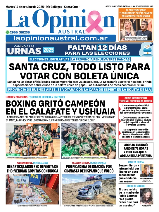 Tapa del Diario La Opinión Austral edición impresa del martes 14 de octubre de 2025, Río Gallegos, Santa Cruz, Argentina