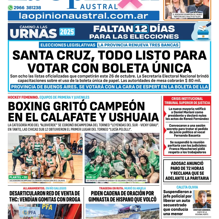 Tapa del Diario La Opinión Austral edición impresa del martes 14 de octubre de 2025, Río Gallegos, Santa Cruz, Argentina Tapa del Diario La Opinión Austral edición impresa del martes 14 de octubre de 2025, Río Gallegos, Santa Cruz, Argentina