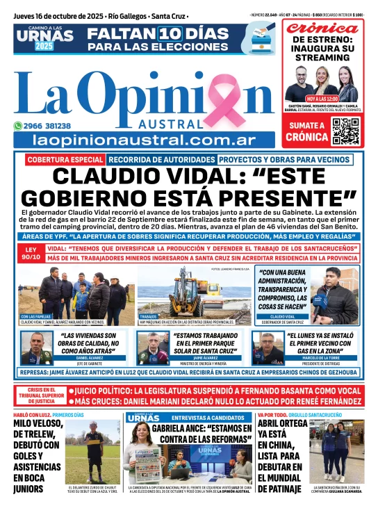 Tapa del Diario La Opinión Austral edición impresa del jueves 16 de octubre de 2025, Río Gallegos, Santa Cruz, Argentina