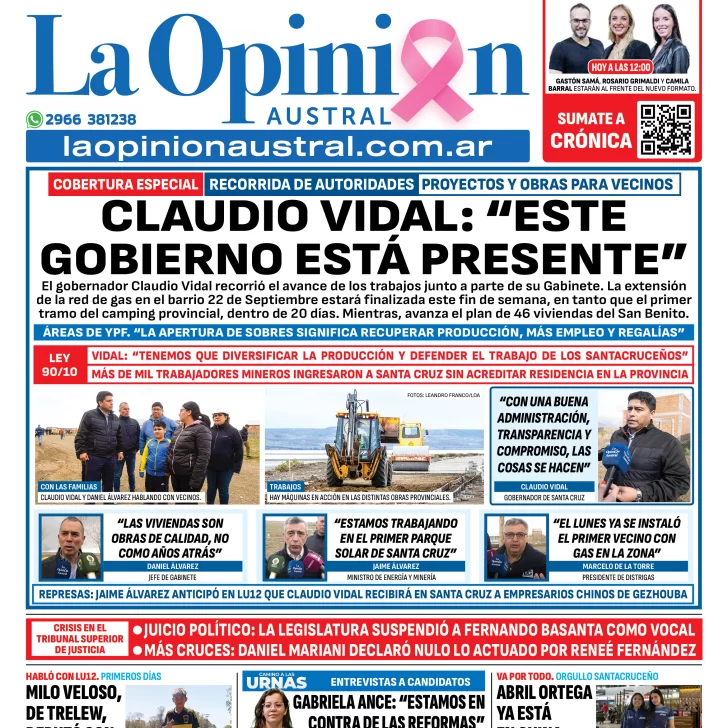 Tapa del Diario La Opinión Austral edición impresa del jueves 16 de octubre de 2025, Río Gallegos, Santa Cruz, Argentina Tapa del Diario La Opinión Austral edición impresa del jueves 16 de octubre de 2025, Río Gallegos, Santa Cruz, Argentina