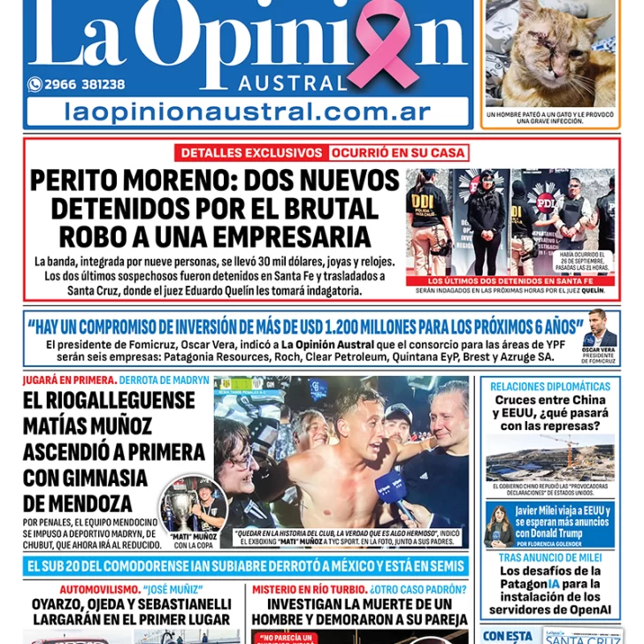 Tapa del Diario La Opinión Austral edición impresa del domingo 12 de octubre de 2025, Río Gallegos, Santa Cruz, Argentina Tapa del Diario La Opinión Austral edición impresa del domingo 12 de octubre de 2025, Río Gallegos, Santa Cruz, Argentina