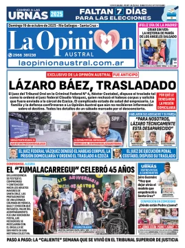 Tapa del Diario La Opinión Austral edición impresa del domingo 19 de octubre de 2025, Río Gallegos, Santa Cruz, Argentina Tapa del Diario La Opinión Austral edición impresa del domingo 19 de octubre de 2025, Río Gallegos, Santa Cruz, Argentina