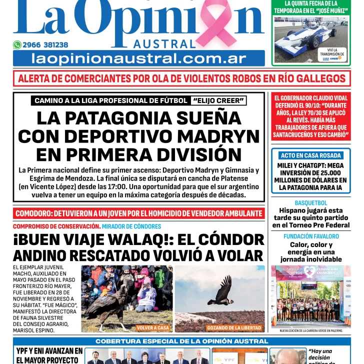 Tapa del Diario La Opinión Austral edición impresa del sábado 11 de octubre de 2025, Río Gallegos, Santa Cruz, Argentina Tapa del Diario La Opinión Austral edición impresa del sábado 11 de octubre de 2025, Río Gallegos, Santa Cruz, Argentina