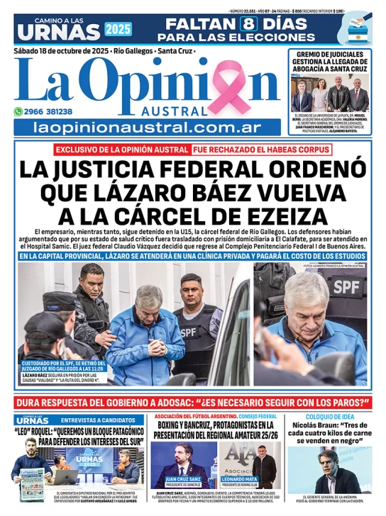  Tapa del Diario La Opinión Austral del sábado 18 de octubre de 2025.