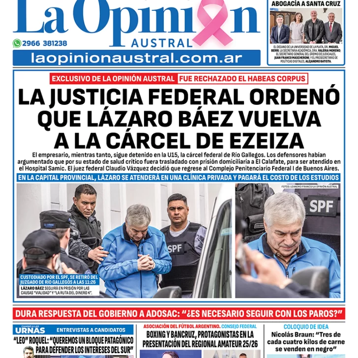 Tapa del Diario La Opinión Austral edición impresa del sábado 18 de octubre de 2025