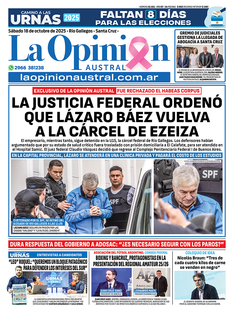  Tapa del Diario La Opinión Austral del sábado 18 de octubre de 2025.