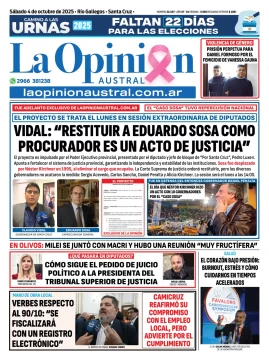 Tapa del Diario La Opinión Austral edición impresa del sábado 4 de octubre de 2025, Río Gallegos, Santa Cruz, Argentina Tapa del Diario La Opinión Austral edición impresa del sábado 4 de octubre de 2025, Río Gallegos, Santa Cruz, Argentina