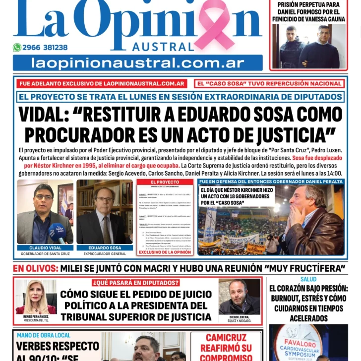 Tapa del Diario La Opinión Austral edición impresa del sábado 4 de octubre de 2025, Río Gallegos, Santa Cruz, Argentina Tapa del Diario La Opinión Austral edición impresa del sábado 4 de octubre de 2025, Río Gallegos, Santa Cruz, Argentina
