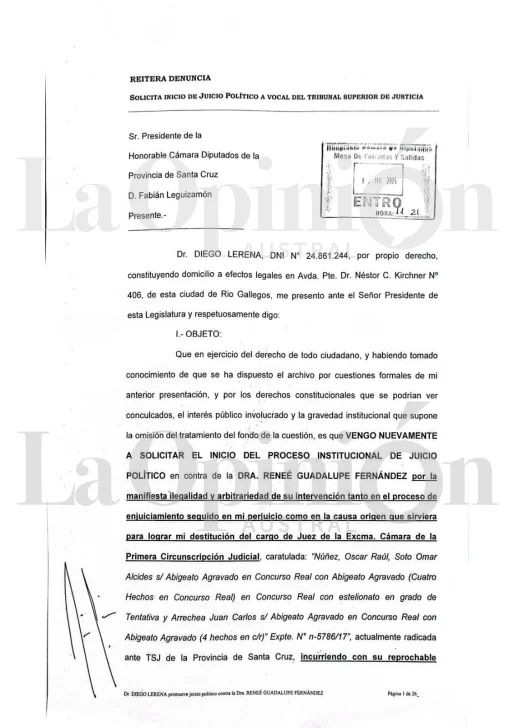  Primera foja de la nueva presentación de Lerena para solicitar el juicio político en contra de Reneé Fernández. Ingresó por mesa de entrada en la Legislatura, en julio de este año.