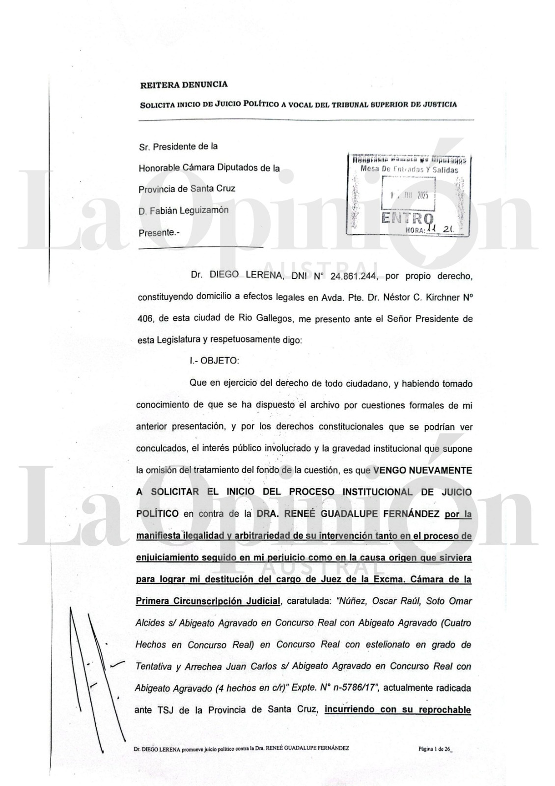  Primera foja de la nueva presentación de Lerena para solicitar el juicio político en contra de Reneé Fernández. Ingresó por mesa de entrada en la Legislatura, en julio de este año.