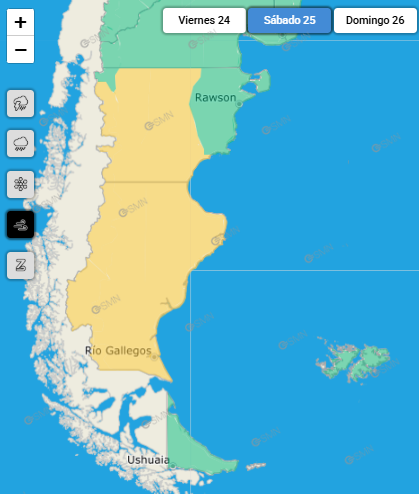  El Servicio Meteorológico Nacional emitió alerta amarilla para Santa Cruz y gran parte de Chubut.
