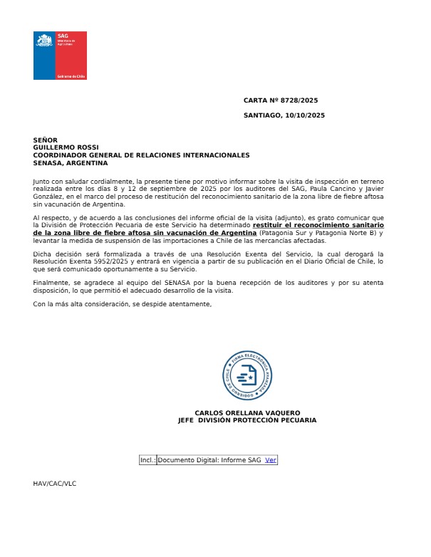  La notificación del Servicio Agrícola y Ganadero de Chile.