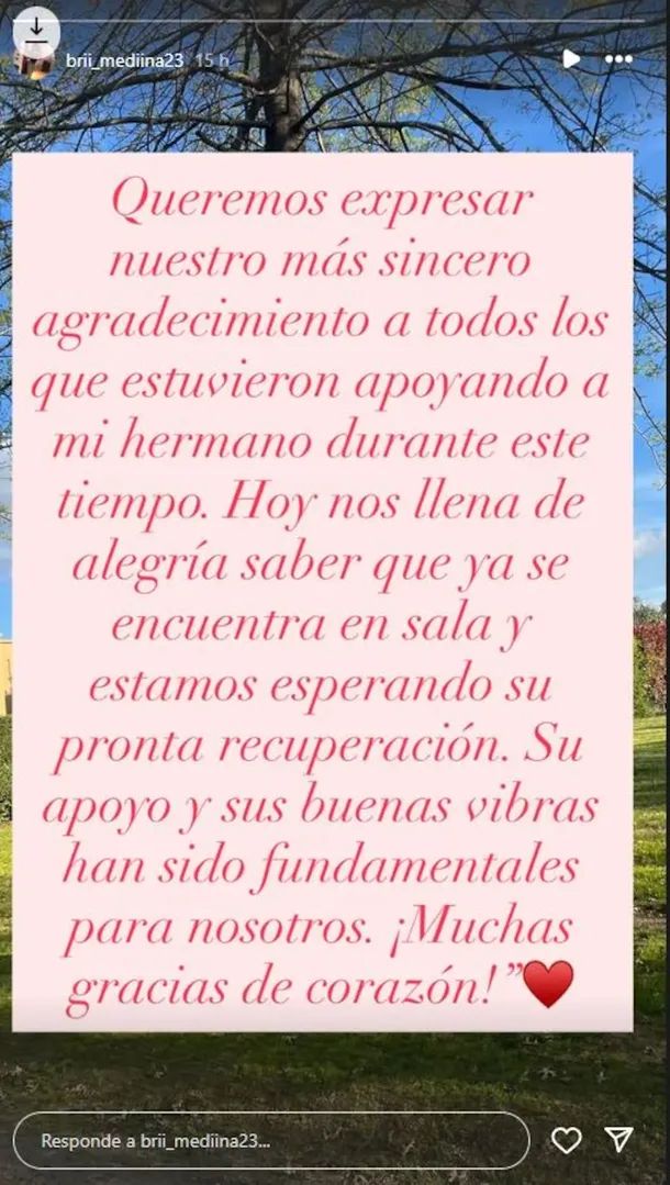 La hermana melliza de Thiago Medina celebró avances en su recuperación: &#8220;Nos llena de alegría&#8221;
