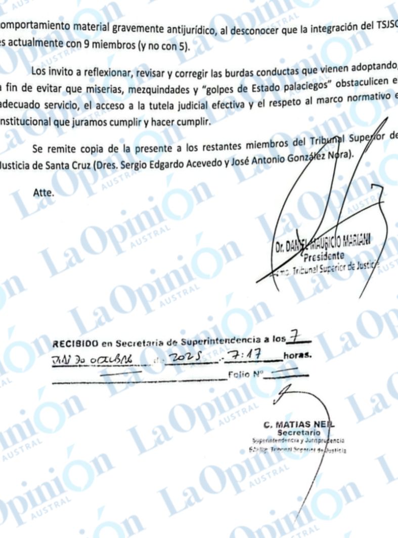  Exclusivo. La carta de Mariani al resto de los vocales del Tribunal Superior de Justicia.