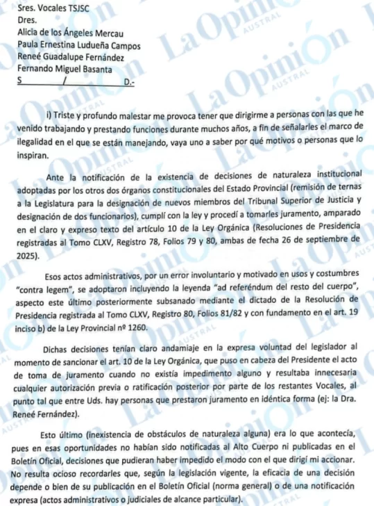  Exclusivo. La carta de Mariani al resto de los vocales del Tribunal Superior de Justicia.