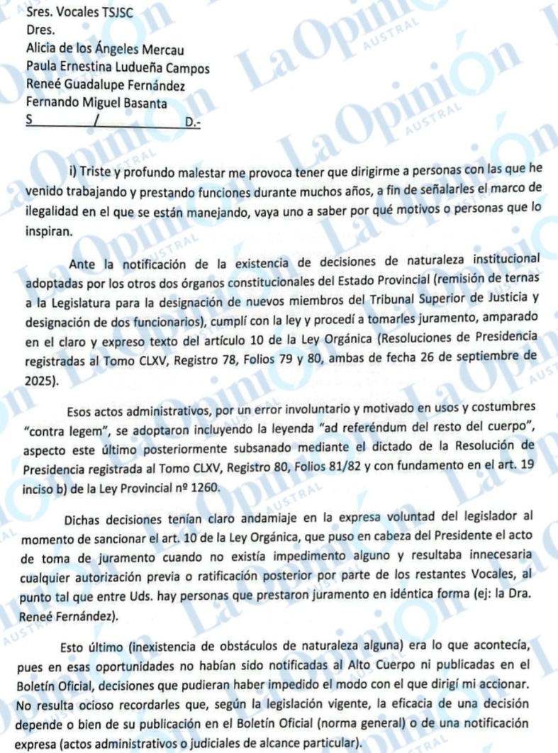  Exclusivo. La carta de Mariani al resto de los vocales del Tribunal Superior de Justicia.