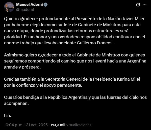 Manuel Adorni es el nuevo jefe de Gabinete de Javier Milei: “Profundizar las reformas estructurales será prioridad”