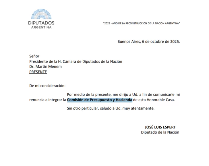 José Luis Espert renunció a la Comisión de Presupuesto y Hacienda de la Cámara de Diputados