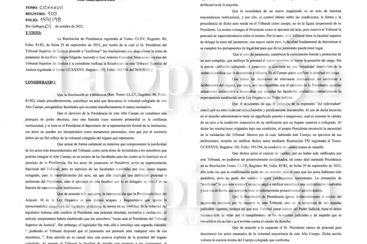  Nueva resolución de los cuatro vocales contra la jura de Acevedo y Gonzáles Nora como vocales del TSJ.