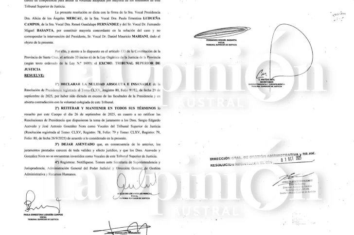  Nueva resolución de los cuatro vocales contra la jura de Acevedo y Gonzáles Nora como vocales del TSJ.