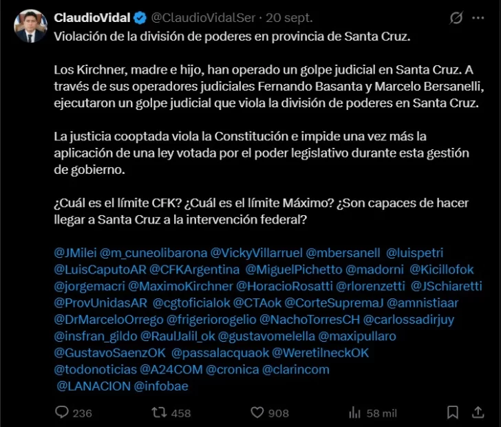 El gobernador Claudio Vidal acusó al kirchnerismo de querer dar “un golpe judicial en Santa Cruz” luego de que el juez Marcelo Bersanelli frenara con una cautelar el tratamiento de las ternas de los nuevos vocales del TSJ.