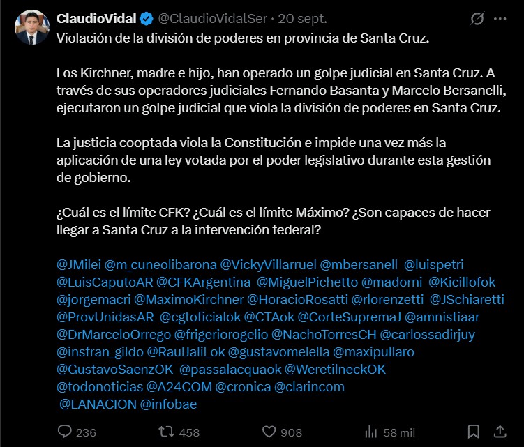  El gobernador Claudio Vidal acusó al kirchnerismo de querer dar “un golpe judicial en Santa Cruz” luego de que el juez Marcelo Bersanelli frenara con una cautelar el tratamiento de las ternas de los nuevos vocales del TSJ.