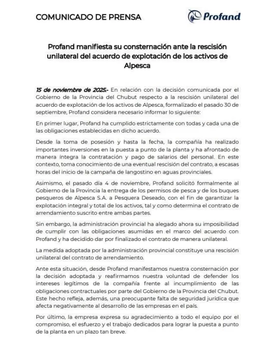  Pesca: el comunicado de Profand tras el anuncio del Gobierno de Chubut.