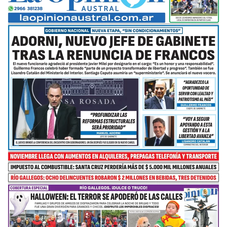 Tapa del Diario La Opinión Austral edición impresa del sábado 1 de noviembre de 2025, Río Gallegos, Santa Cruz, Argentina Tapa del Diario La Opinión Austral edición impresa del sábado 1 de noviembre de 2025, Río Gallegos, Santa Cruz, Argentina