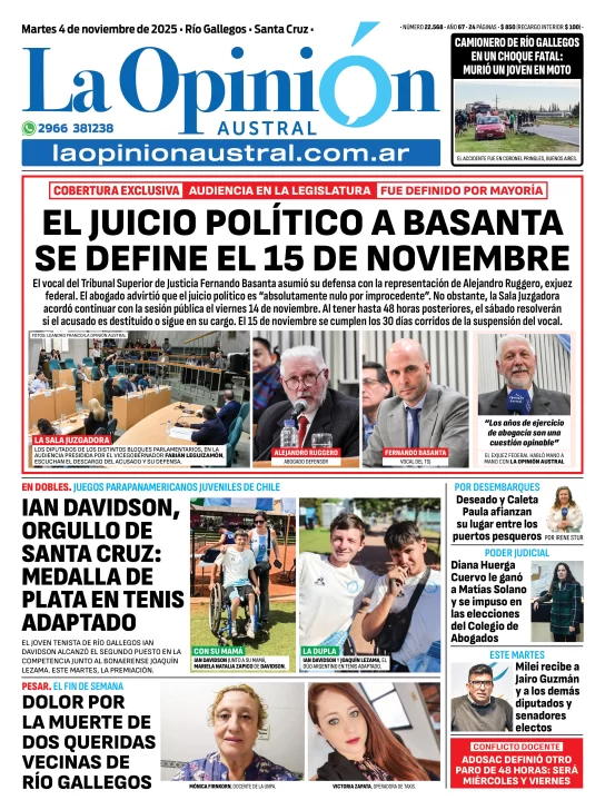 Tapa del Diario La Opinión Austral edición impresa del martes 4 de noviembre de 2025, Río Gallegos, Santa Cruz, Argentina