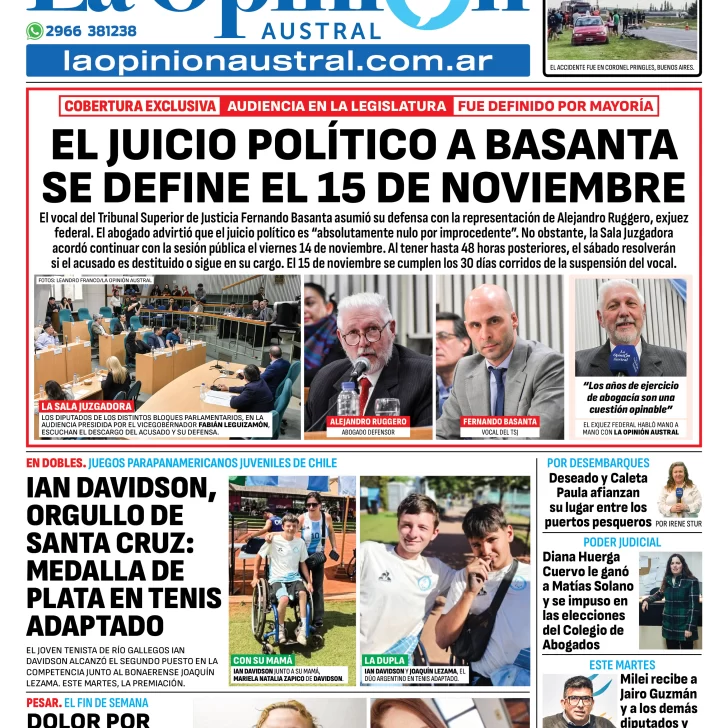 Tapa del Diario La Opinión Austral edición impresa del martes 4 de noviembre de 2025, Río Gallegos, Santa Cruz, Argentina