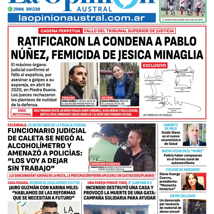 Tapa del Diario La Opinión Austral edición impresa del miércoles 5 de noviembre de 2025, Río Gallegos, Santa Cruz, Argentina Tapa del Diario La Opinión Austral edición impresa del miércoles 5 de noviembre de 2025, Río Gallegos, Santa Cruz, Argentina