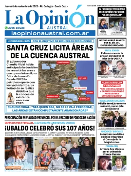 Tapa del Diario La Opinión Austral edición impresa del jueves 6 de noviembre de 2025, Río Gallegos, Santa Cruz, Argentina Tapa del Diario La Opinión Austral edición impresa del jueves 6 de noviembre de 2025, Río Gallegos, Santa Cruz, Argentina