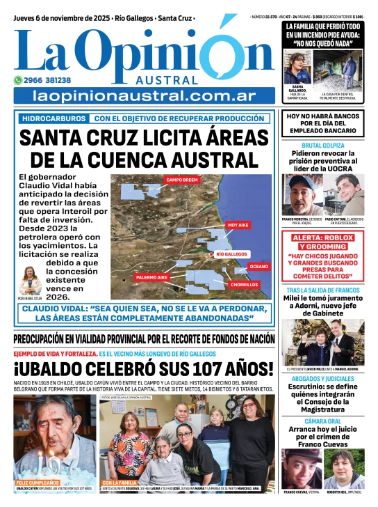 Tapa del Diario La Opinión Austral edición impresa del jueves 6 de noviembre de 2025, Río Gallegos, Santa Cruz, Argentina
