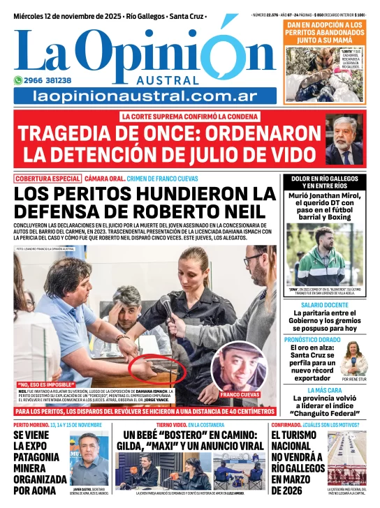  Tapa de La Opinión Austral, miércoles 12 de noviembre de 2025.