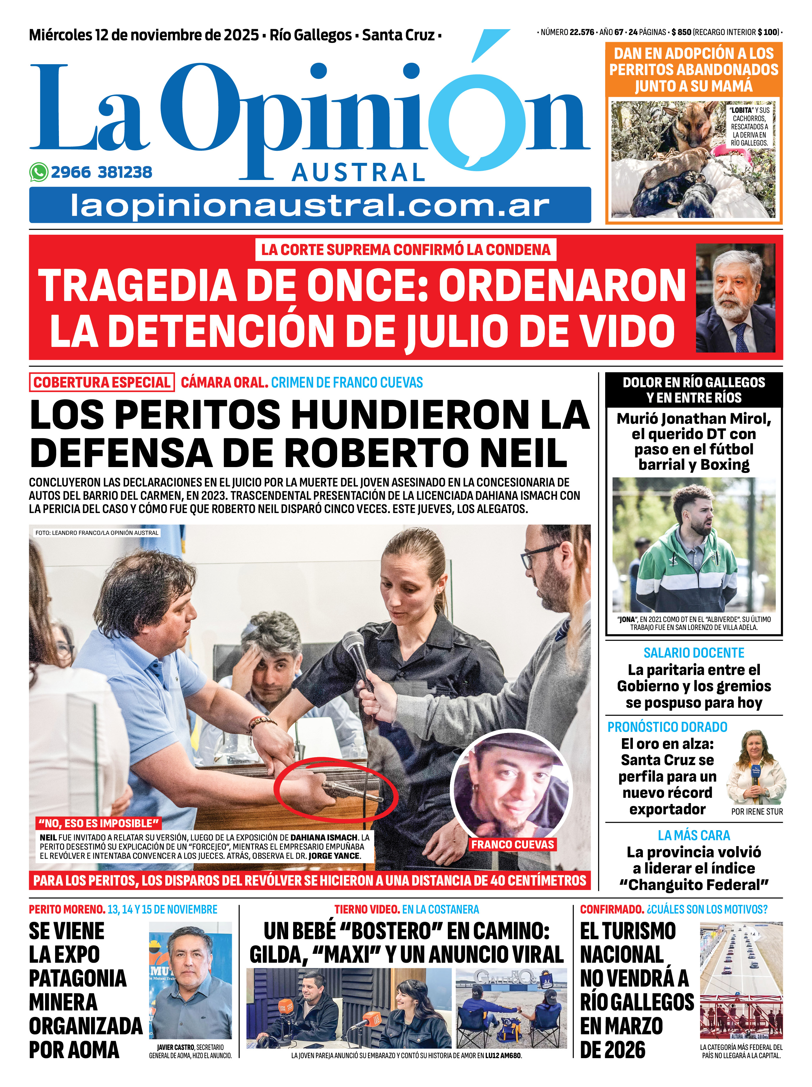  Tapa de La Opinión Austral, miércoles 12 de noviembre de 2025.