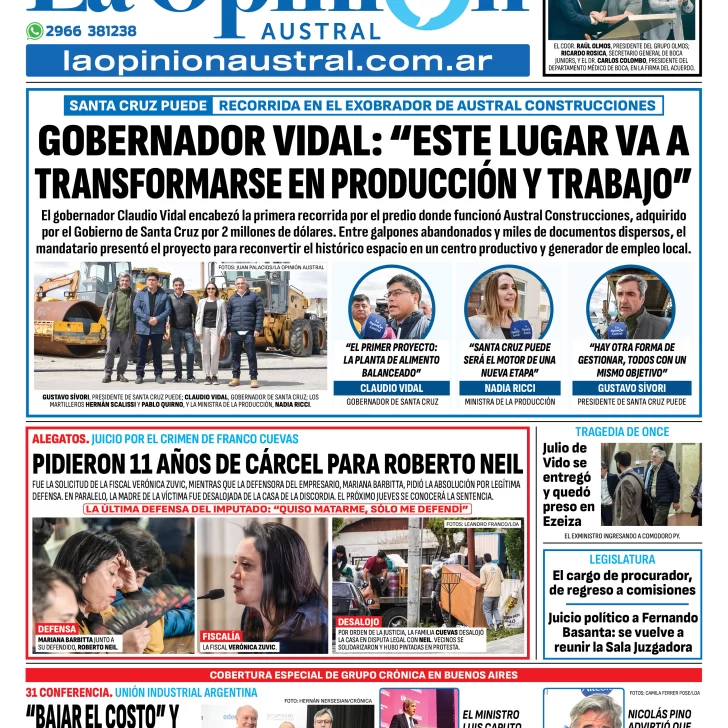 Tapa del Diario La Opinión Austral edición impresa del viernes 14 de noviembre de 2025, Río Gallegos, Santa Cruz, Argentina