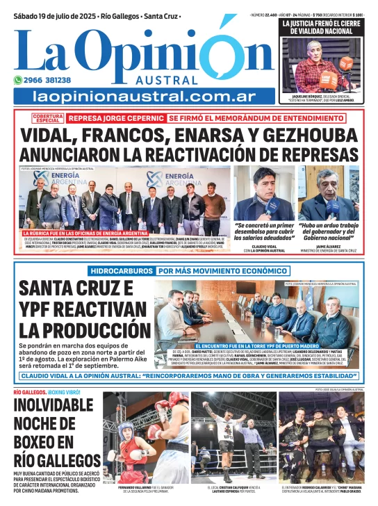  La tapa de La Opinión Austral del sábado 19 de julio.