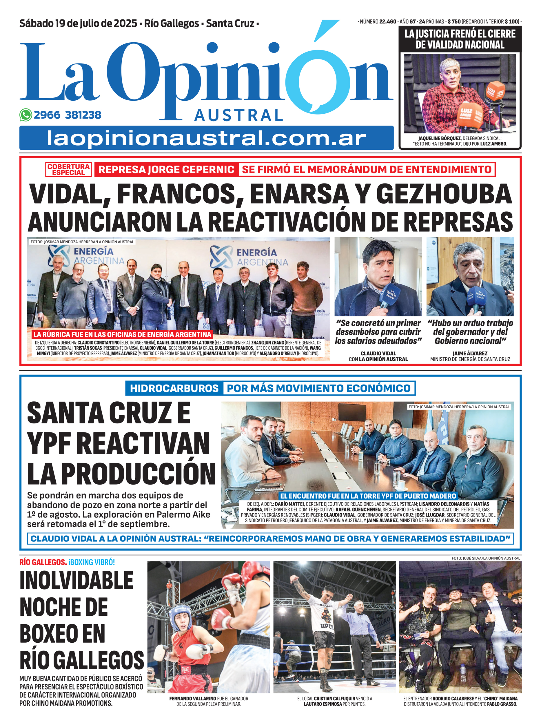  La tapa de La Opinión Austral del sábado 19 de julio.