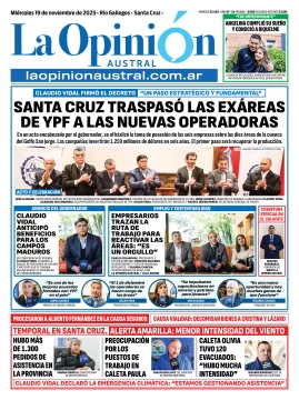 Tapa del Diario La Opinión Austral edición impresa del miércoles 19 de noviembre de 2025, Río Gallegos, Santa Cruz, Argentina Tapa del Diario La Opinión Austral edición impresa del miércoles 19 de noviembre de 2025, Río Gallegos, Santa Cruz, Argentina