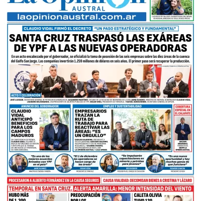 Tapa del Diario La Opinión Austral edición impresa del miércoles 19 de noviembre de 2025, Río Gallegos, Santa Cruz, Argentina