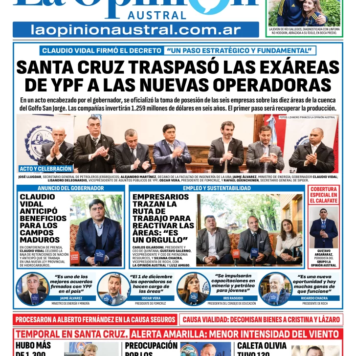 Tapa del Diario La Opinión Austral edición impresa del miércoles 19 de noviembre de 2025, Río Gallegos, Santa Cruz, Argentina Tapa del Diario La Opinión Austral edición impresa del miércoles 19 de noviembre de 2025, Río Gallegos, Santa Cruz, Argentina