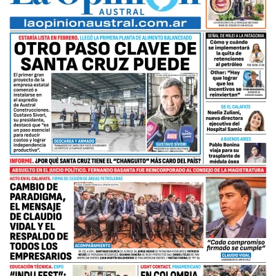 Tapa del Diario La Opinión Austral edición impresa del jueves 20 de noviembre de 2025, Río Gallegos, Santa Cruz, Argentina
