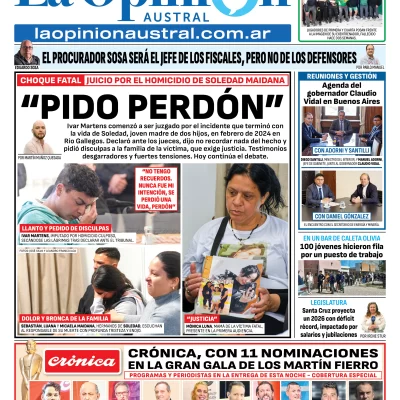 Tapa del Diario La Opinión Austral edición impresa del jueves 27 de noviembre de 2025, Río Gallegos, Santa Cruz, Argentina