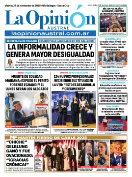 Tapa del Diario La Opinión Austral edición impresa del viernes 28 de noviembre de 2025, Río Gallegos, Santa Cruz, Argentina Tapa del Diario La Opinión Austral edición impresa del viernes 28 de noviembre de 2025, Río Gallegos, Santa Cruz, Argentina
