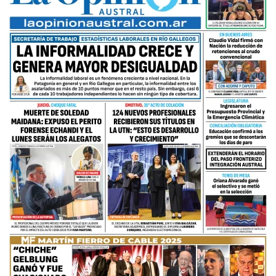 Tapa del Diario La Opinión Austral edición impresa del viernes 28 de noviembre de 2025, Río Gallegos, Santa Cruz, Argentina