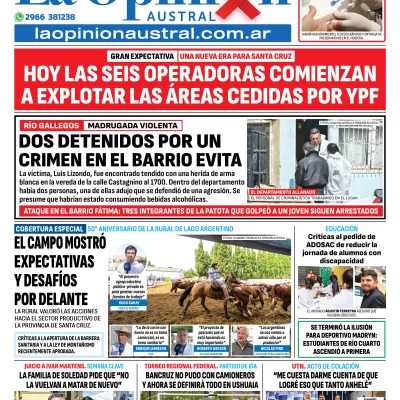 Tapa del Diario La Opinión Austral edición impresa del lunes 1 de diciembre de 2025, Río Gallegos, Santa Cruz, Argentina