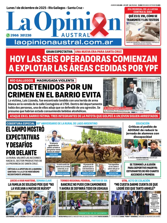 Tapa del Diario La Opinión Austral edición impresa del lunes 1 de diciembre de 2025, Río Gallegos, Santa Cruz, Argentina