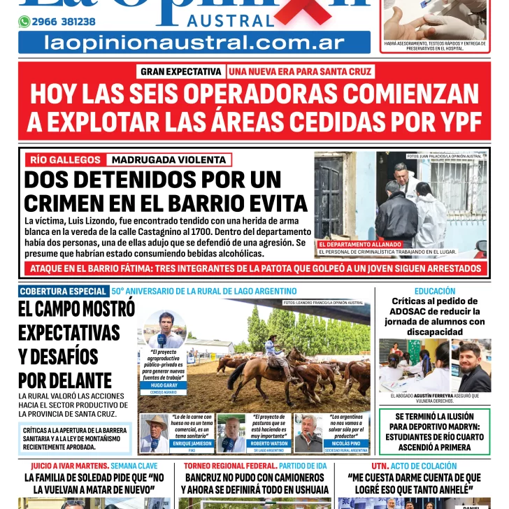 Tapa del Diario La Opinión Austral edición impresa del lunes 1 de diciembre de 2025, Río Gallegos, Santa Cruz, Argentina