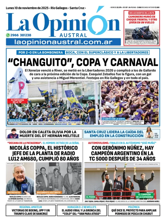 Tapa del Diario La Opinión Austral edición impresa del lunes 10 de noviembre de 2025, Río Gallegos, Santa Cruz, Argentina